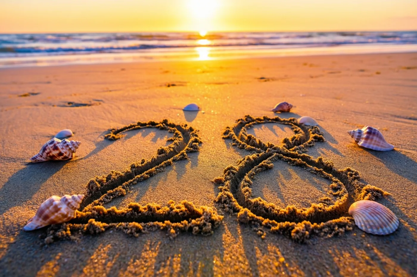 Het getal 28 is in het strandzand getekend tussen schelpen bij een zonsondergang in warme gouden en oranje tinten.