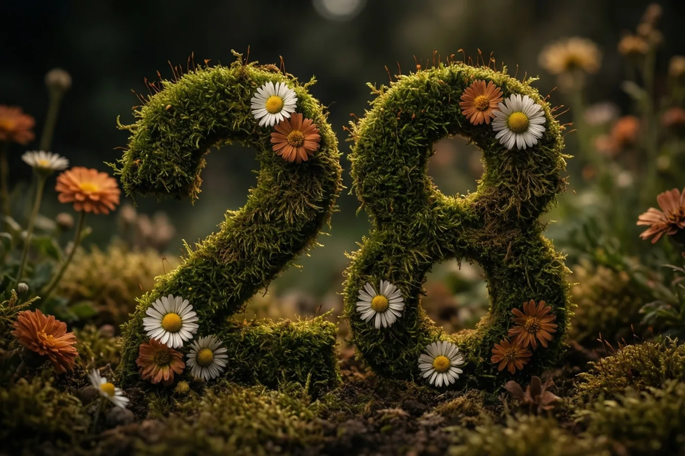 Een met mos begroeide groene haag vormt 28 en is versierd met witte en oranje madeliefjes in een landelijke tuin met onscherpe bloemen op de achtergrond.