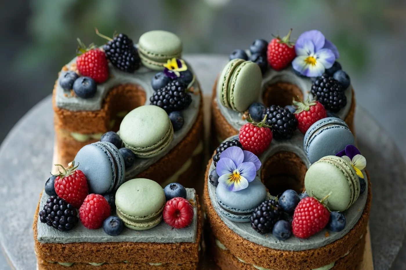 Een taart in de vorm van 28 met frambozen, bramen, blauwe bessen, groene en blauwe macarons en paarse en gele eetbare bloemen staat op een grijs bord tegen een onscherpe groene achtergrond.
