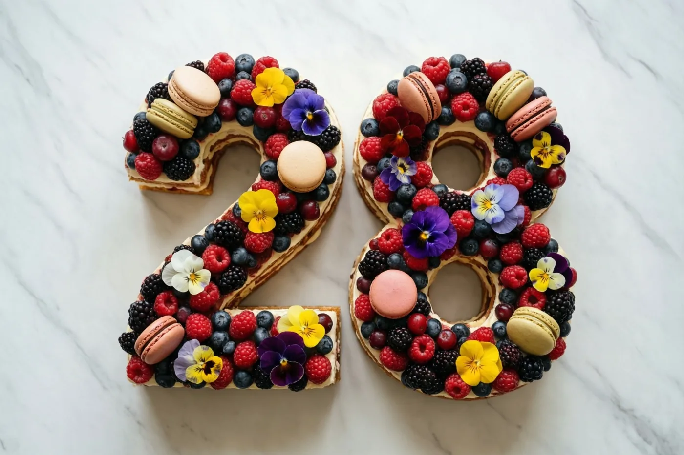 Een taart in de vorm van 28 is versierd met bessen, macarons en eetbare bloemen op een witmarmeren ondergrond.