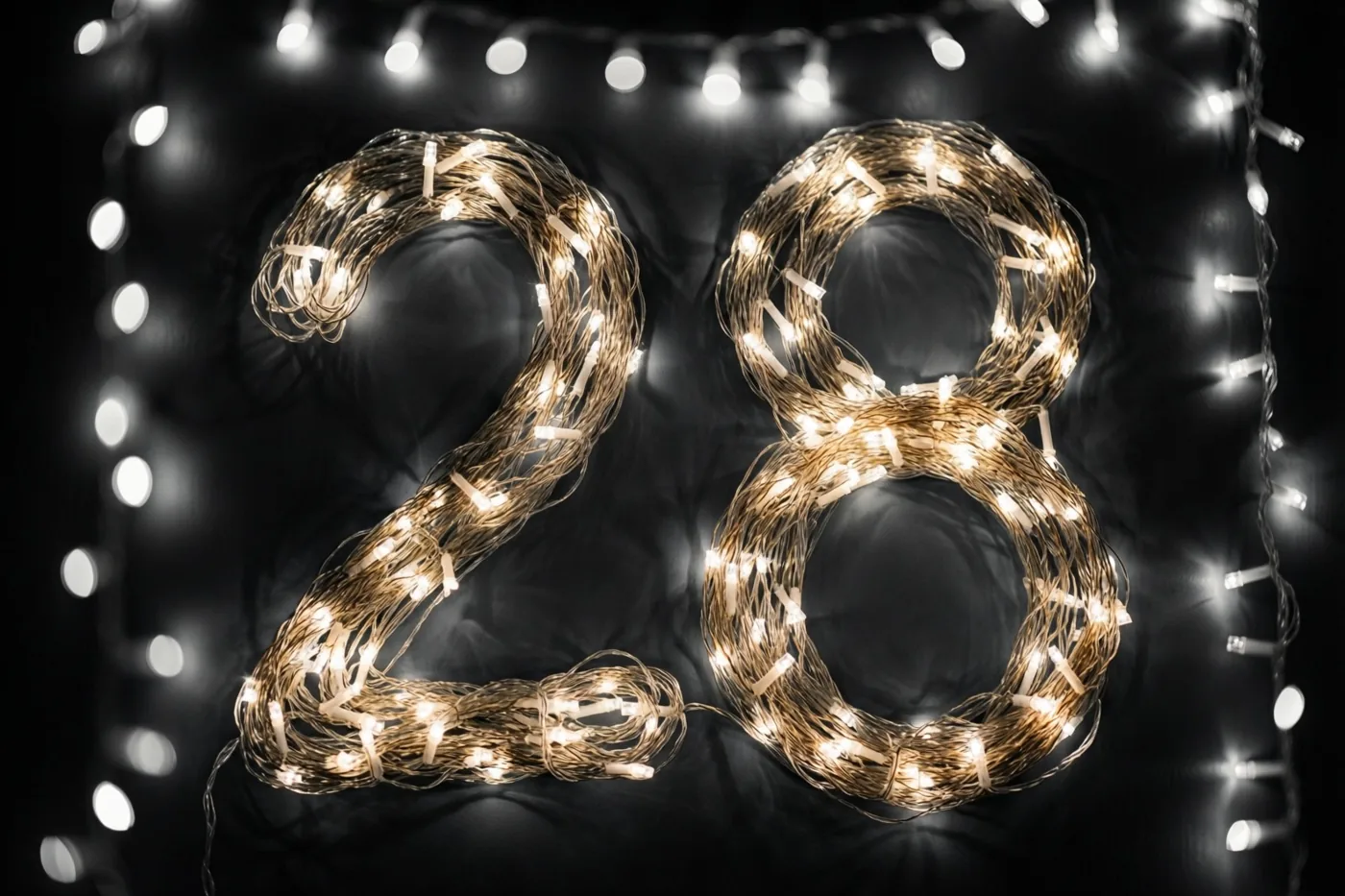 Het getal 28 is gevormd met warme lichtslingers tegen een donkere achtergrond, met onscherpe lichtjes langs de randen.