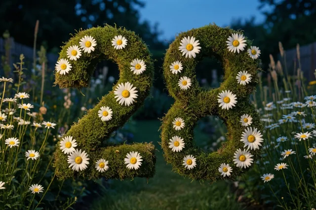 Een met mos begroeide haag vormt 28, versierd met madeliefjes in een landelijke tuin bij schemering, in zachte blauwe en groene tinten met witte en gele bloemen.