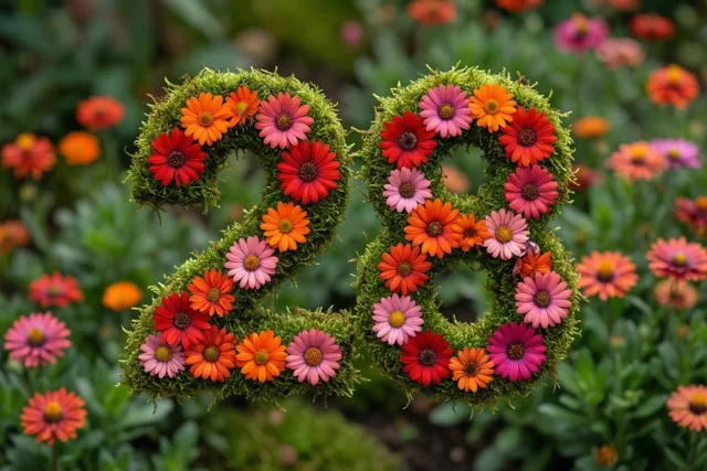 Een groen raamwerk van mos vormt 28 en is versierd met kleurrijke madeliefjes in een landelijke tuin met onscherpe bloemen op de achtergrond.