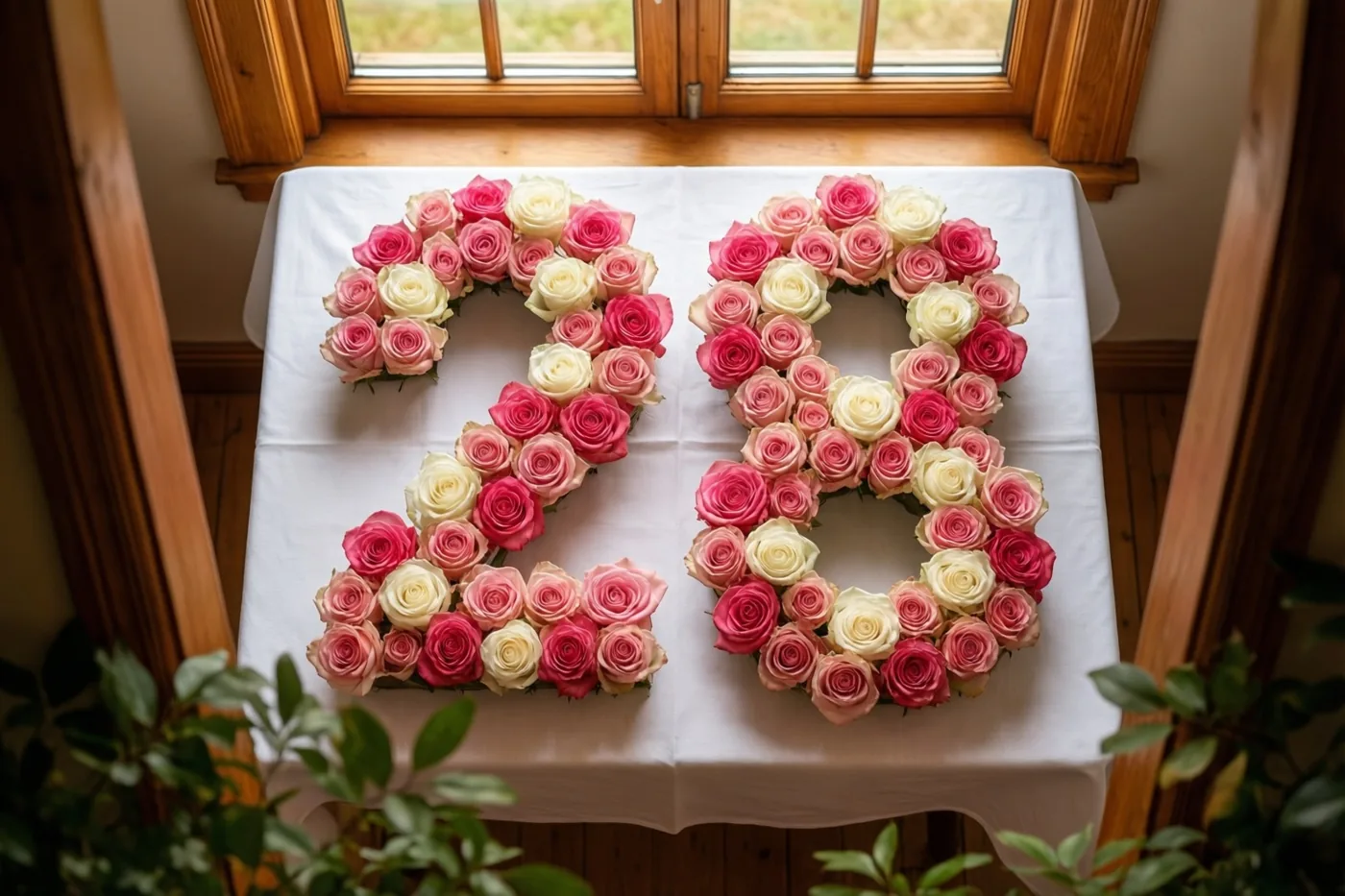 Roze en witte rozen vormen 28 op een wit tafelkleed bij een raam met een houten omlijsting in natuurlijk licht, van bovenaf gezien.