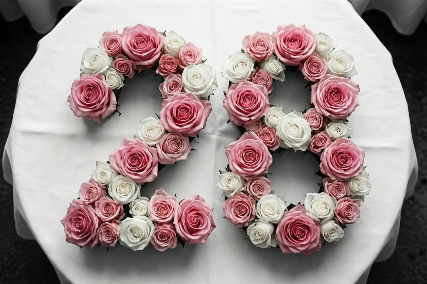 Roze en witte rozen vormen het getal 28 op een wit tafelkleed, recht van bovenaf gezien.