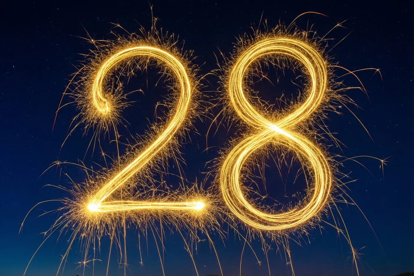 Gouden lichtsporen van sterretjes vormen het getal 28 tegen een donkere nachtelijke hemel met zichtbare sterren.