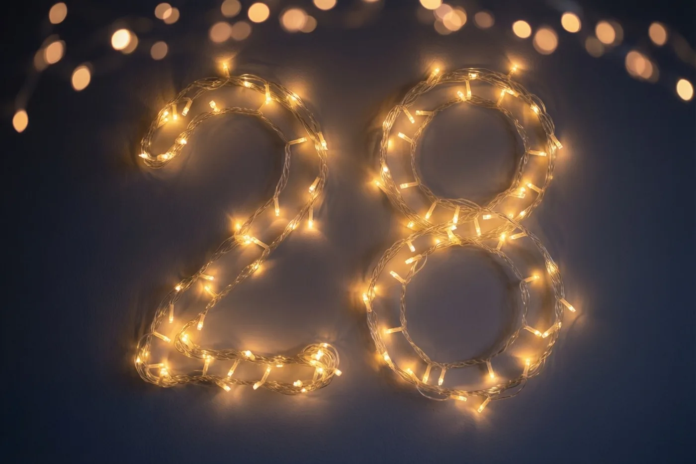 Warme lichtslingers vormen het getal 28 tegen een donkere muur met onscherpe lichtjes op de achtergrond.