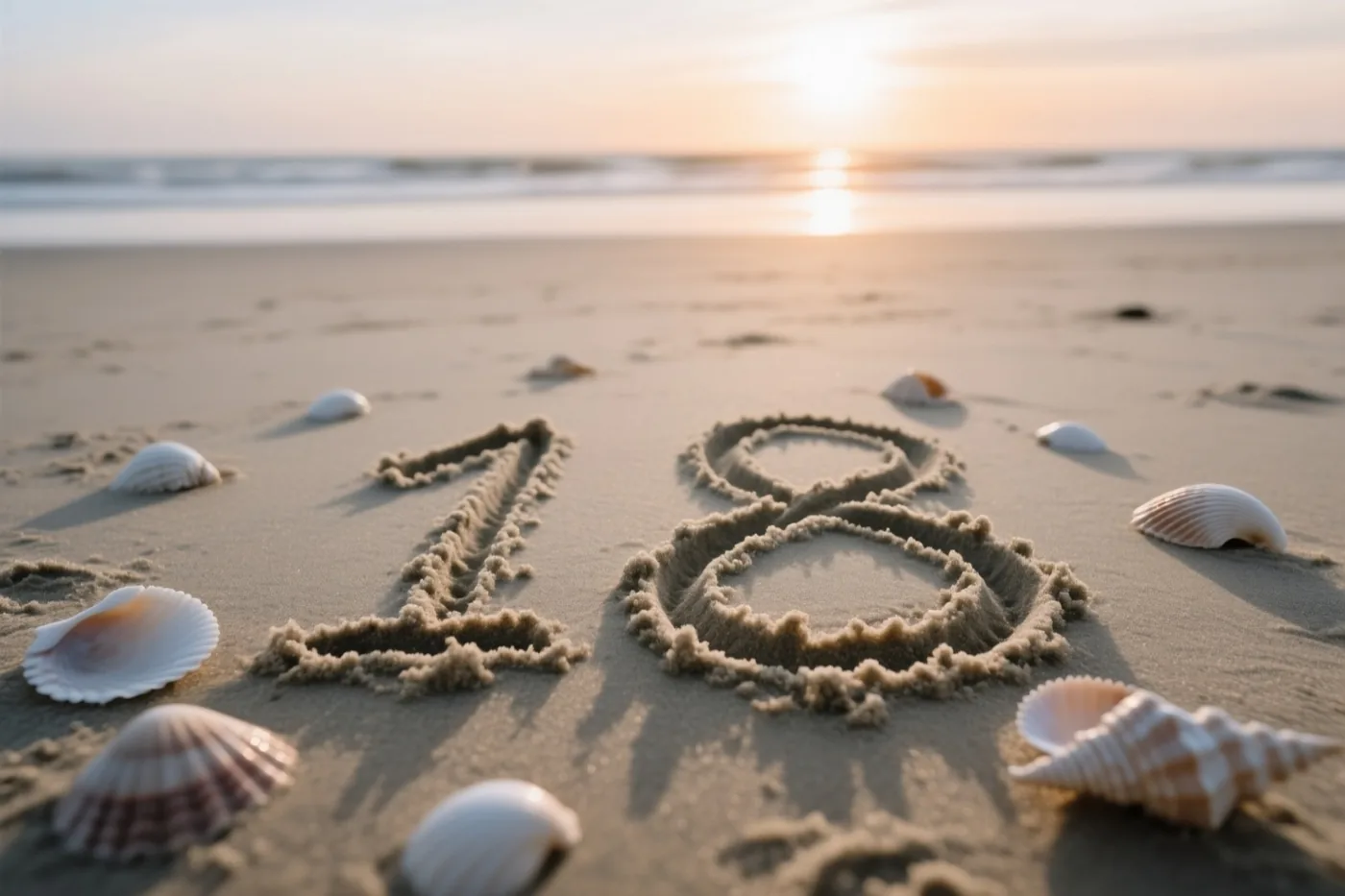 Het getal 18 is in het strandzand getekend tussen verspreide schelpen, met goudkleurig licht van de zonsondergang en een onscherpe zee op de achtergrond.