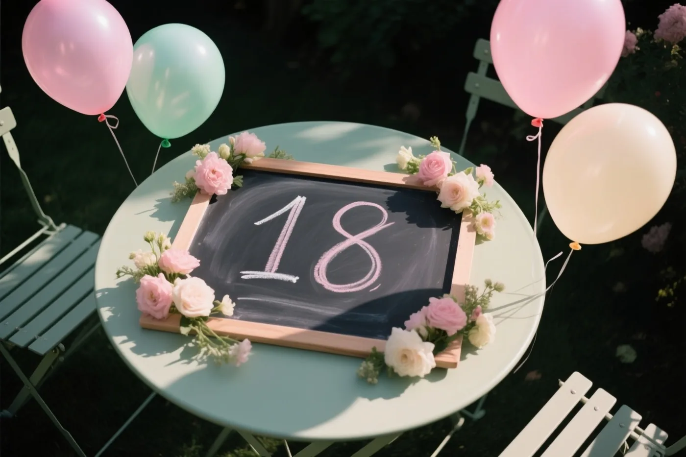 Een krijtbord met 18 in roze krijt staat op een lichtgroene tuintafel tussen roze en witte bloemen en ballonnen, in een zonnige tuin met stoelen.