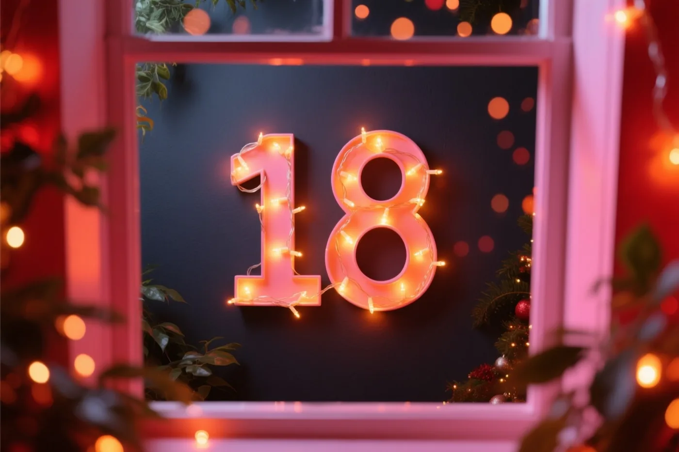 Het getal 18 van warme lichtslingers staat tegen een donkere muur binnen een roze raamachtig kader, met rode en roze tinten en onscherpe lichtjes errond.