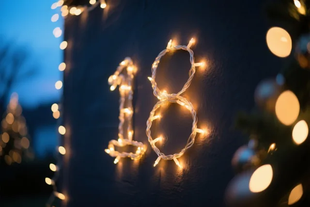 Warme lichtslingers vormen het getal 18 op een donkere muur met structuur, met onscherpe feestlichtjes op de achtergrond in de schemering.