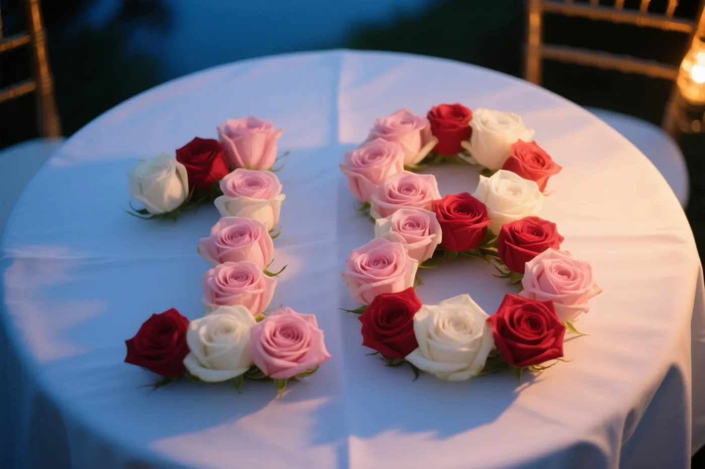 Van bovenaf is het getal 18 van roze en witte rozen op een wit tafelkleed te zien, belicht in warme en koele tinten.