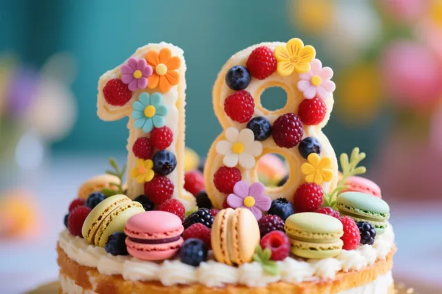 Een taart in de vorm van 18 met frambozen, blauwe bessen, macarons en eetbare bloemen is van dichtbij te zien tegen een onscherpe blauwgroene achtergrond.