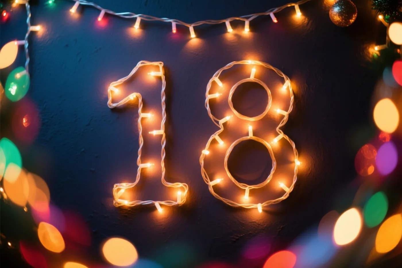 Warme lichtslingers vormen 18 op een donkere muur met structuur, omringd door kleurrijke onscherpe feestlichtjes.
