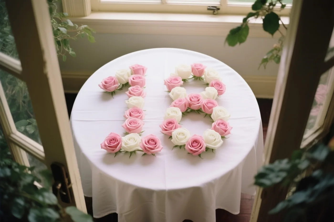 Roze en witte rozen vormen het getal 18 op een wit tafelkleed bij een raam met zicht op groen, van bovenaf gefotografeerd.