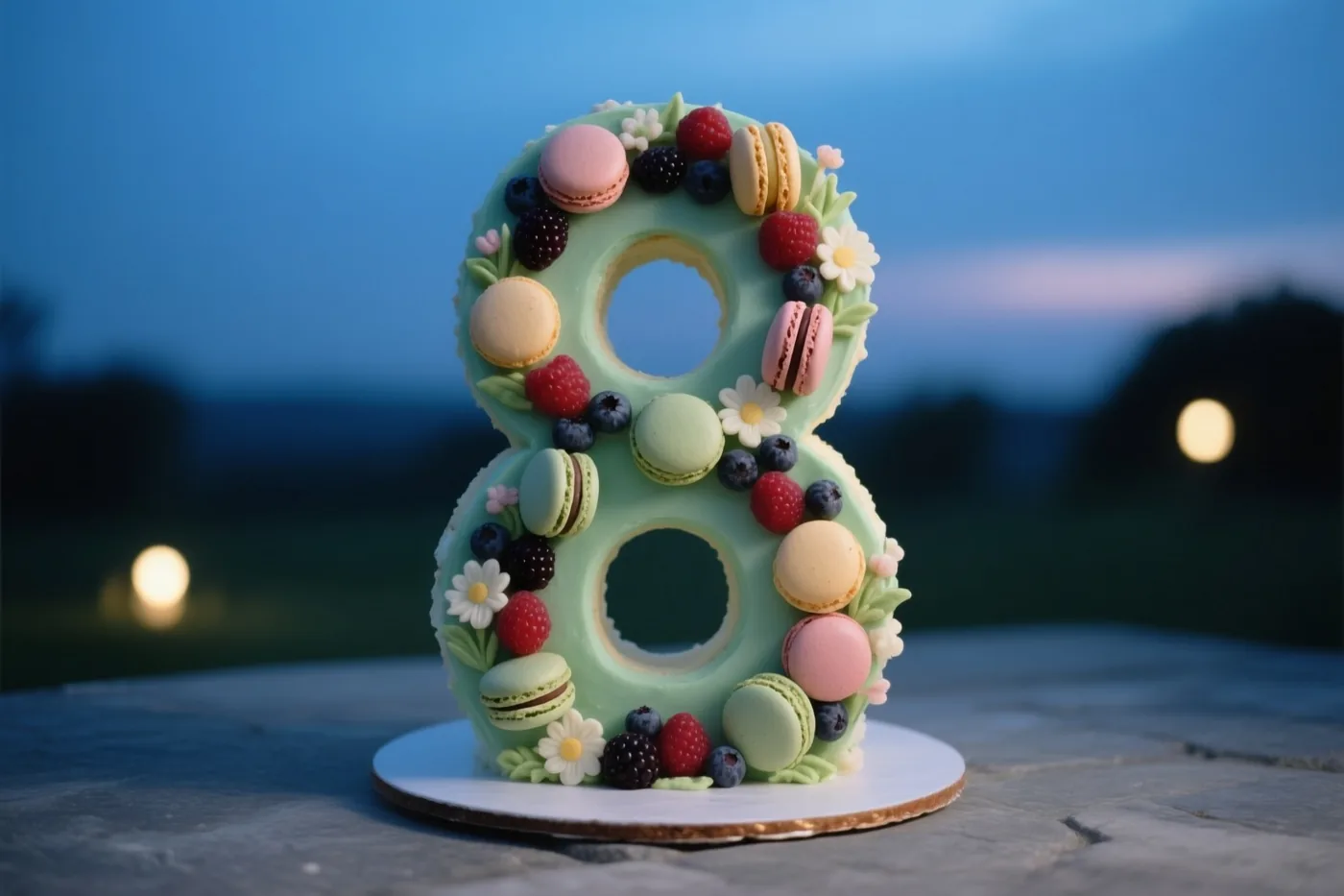 Een taart in de vorm van een 8 met macarons, bessen en eetbare bloemen staat buiten in de schemering, met een blauwe avondhemel en zachte lichtjes op de achtergrond.