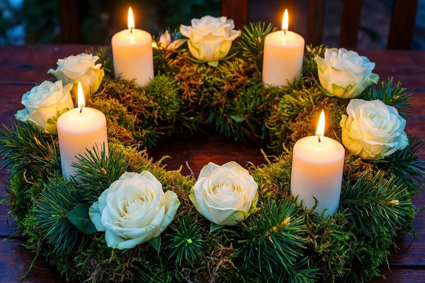 Een ronde adventskrans van groen mos en witte rozen rust op donker hout, met vier brandende witte kaarsen langs de rand.