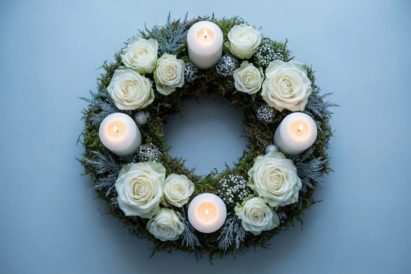Een ronde adventskrans van witte rozen en groen mos met vier brandende witte kaarsen staat tegen een effen lichtblauwe achtergrond.