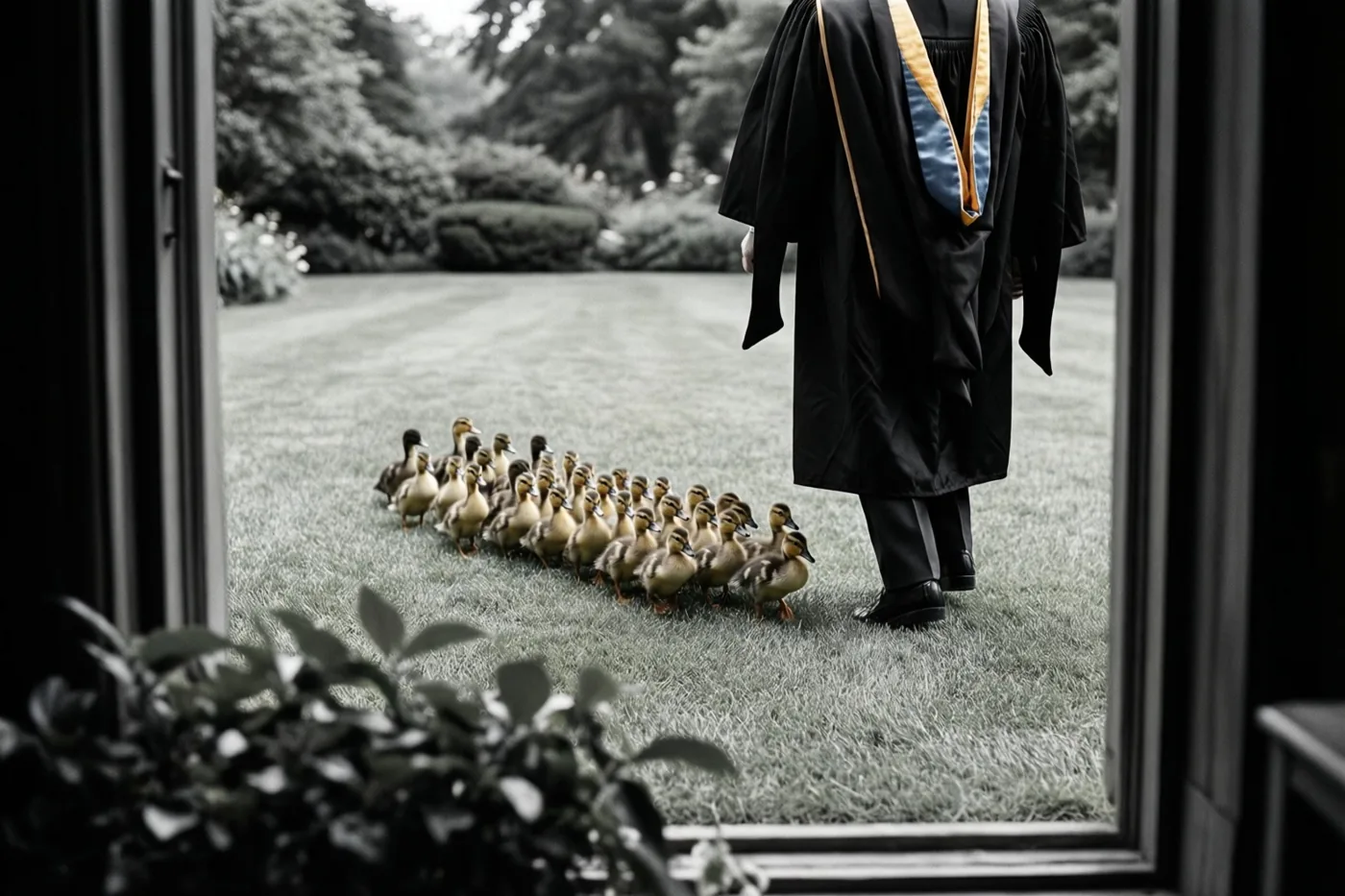 Een afgestudeerde in een zwarte toga met blauw-gouden stola staat met de rug naar de kijker op het gras, gevolgd door eendjes en omlijst door een raam- of deuropening, met planten vooraan en bomen achteraan.