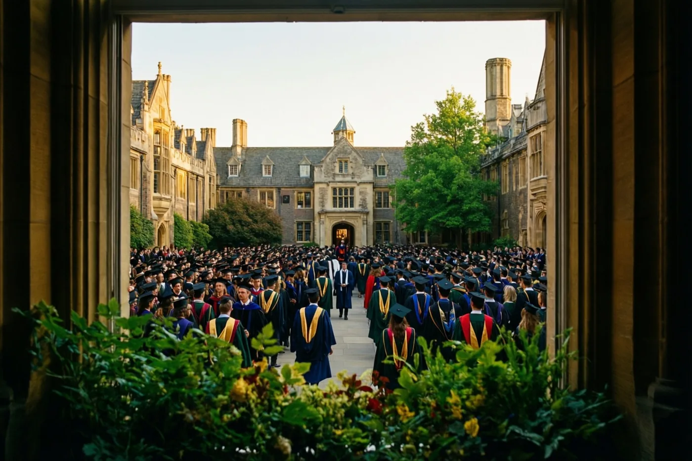 Een stenen boog biedt uitzicht op een binnenplaats van een universiteit vol afgestudeerden in toga's en hoeden, met historische gebouwen en bomen in warm gouden licht.