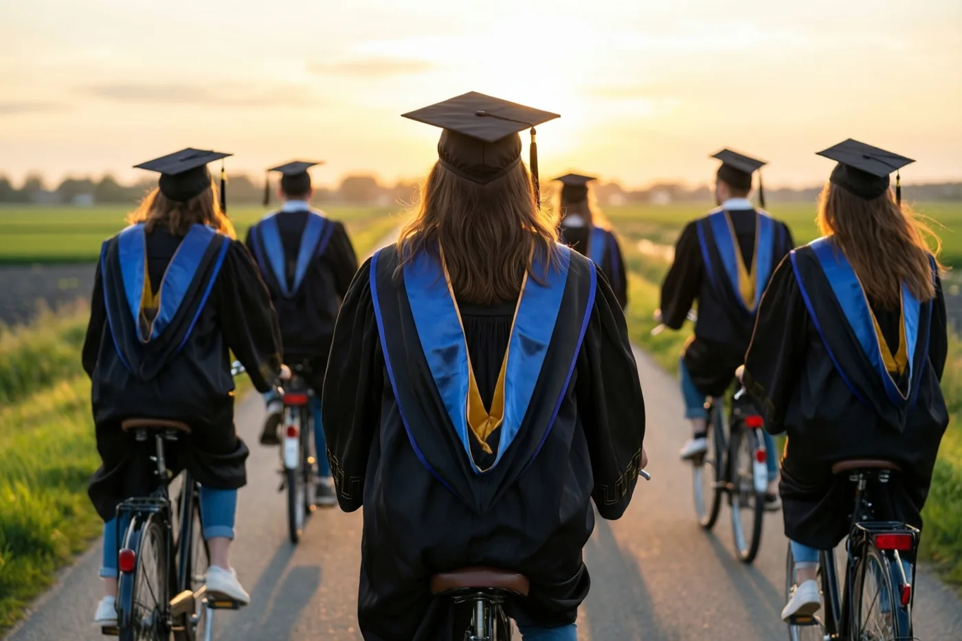 Afgestudeerden in zwarte toga's met blauwe en gouden accenten fietsen van de camera weg achter elkaar over een landelijke weg tussen groene velden bij zonsondergang.