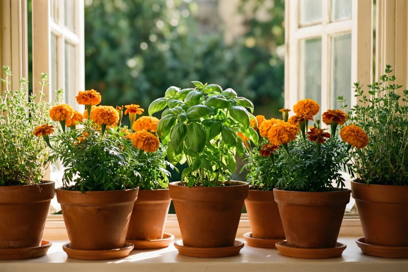 Terracotta potten met oranje afrikaantjes, basilicum en tijm staan op een zonnige vensterbank, met een wazige groene tuin achter het raam.