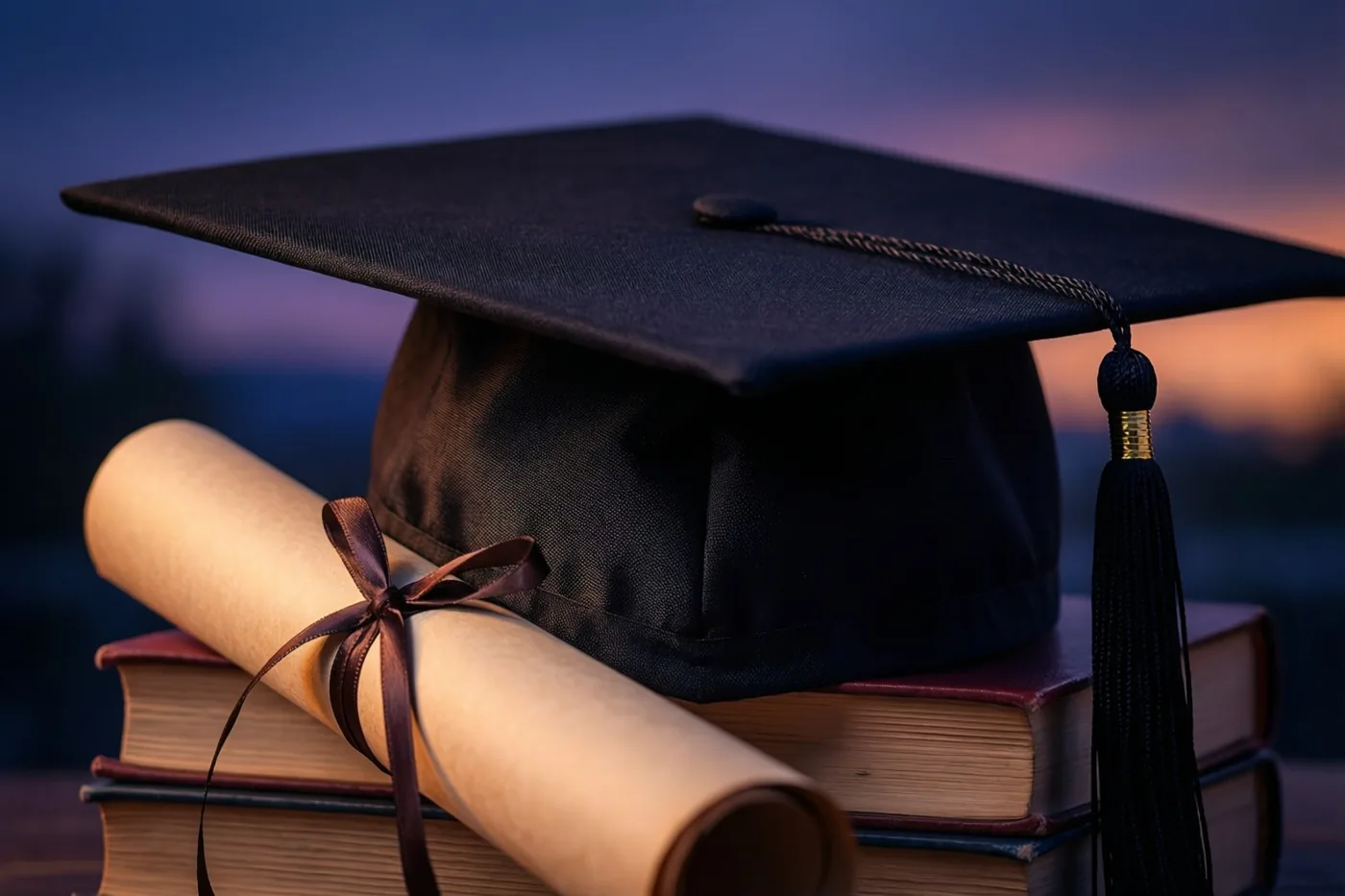 Een zwarte afstudeerhoed met kwast ligt op een stapel boeken naast een opgerold diploma met een bruin lint, tegen een paarsoranje schemerhemel.