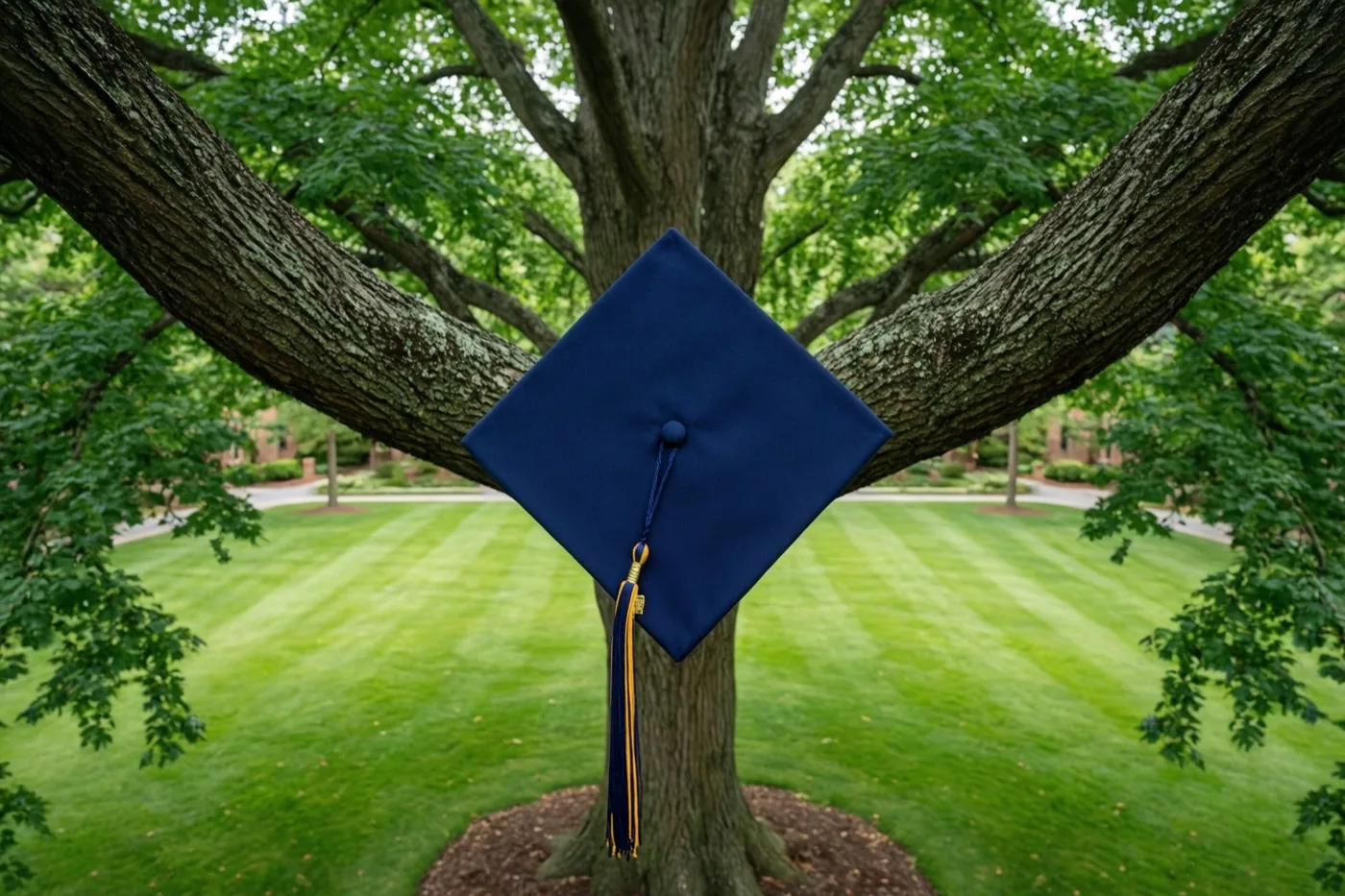 Een donkerblauwe afstudeerhoed met een blauw-gouden kwastje hangt aan een tak van een grote boom met groene bladeren, boven een net gemaaid gazon.