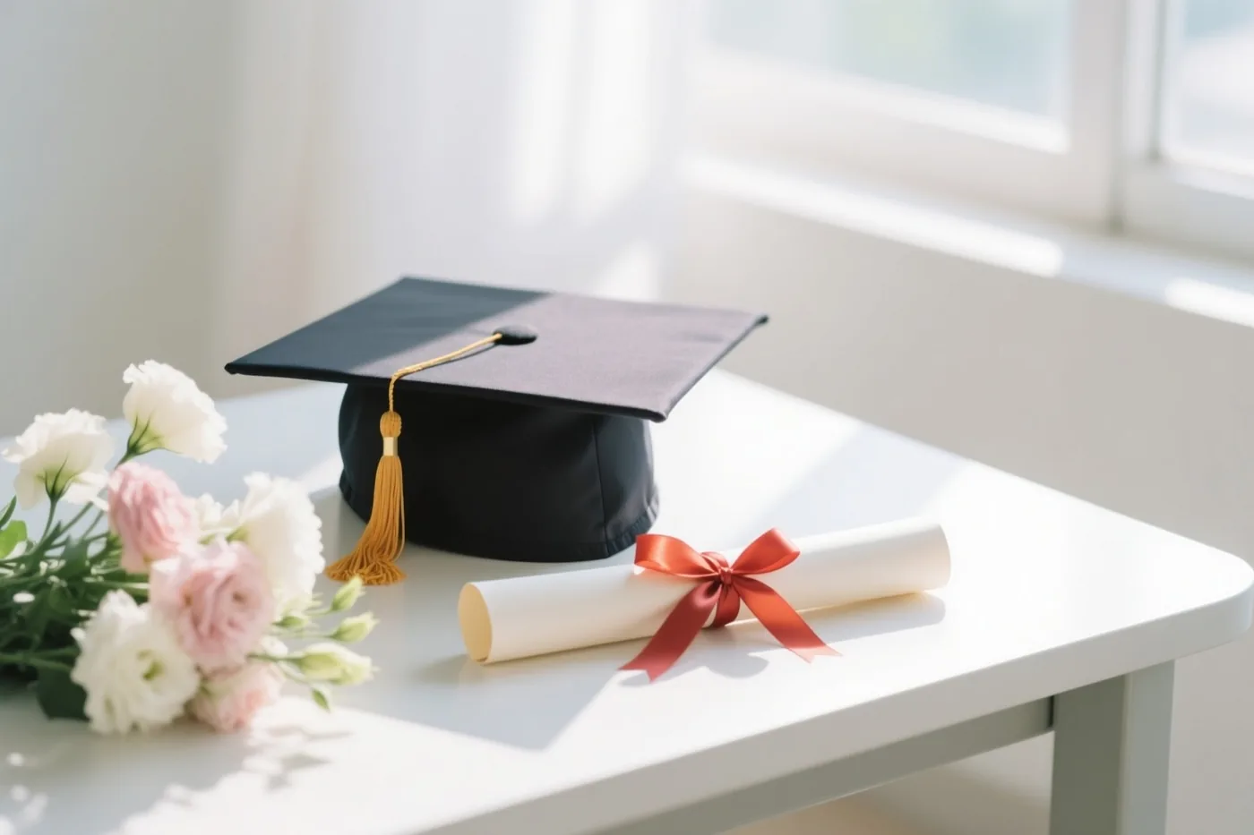 Op een wit bureau liggen een afstudeerhoed en een opgerold diploma met een rood lint naast een boeket witte en roze bloemen, met zacht daglicht uit een raam op de achtergrond.