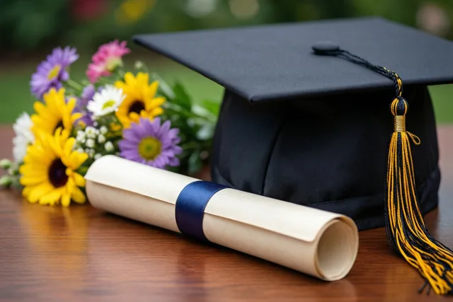 Een zwarte afstudeerhoed met een zwart-gouden kwastje en een opgerold diploma met een blauw lint liggen buiten op een houten bureau naast een kleurrijk boeket, met onscherp groen erachter.