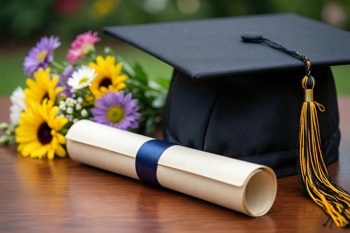 Een zwarte afstudeerhoed met een zwart-gouden kwastje en een opgerold diploma met een blauw lint liggen buiten op een houten bureau naast een kleurrijk boeket, met onscherp groen erachter.