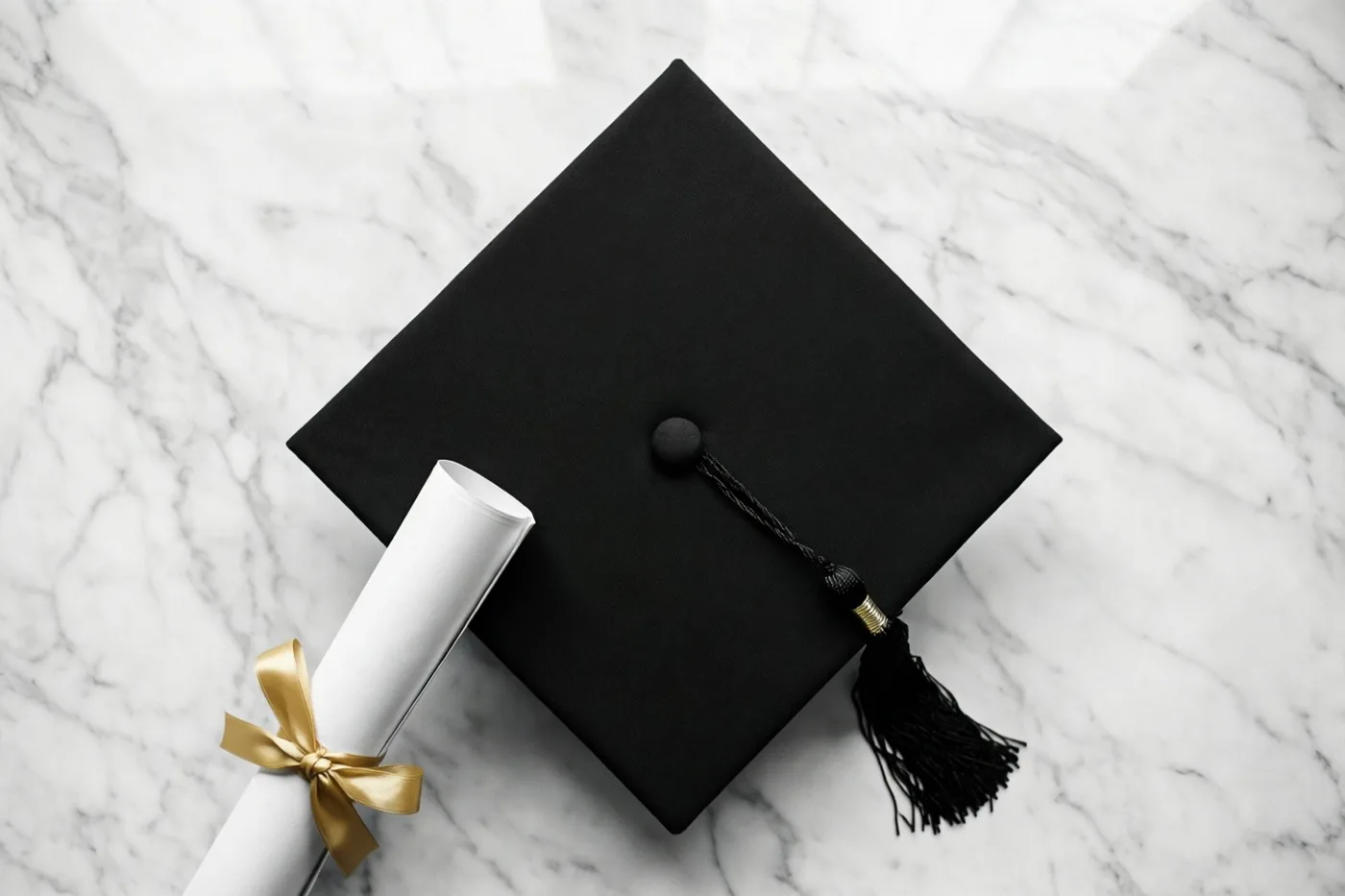 Een zwarte afstudeerhoed met een kwast en een opgerold diploma met een gouden lint liggen op gepolijst wit marmer.