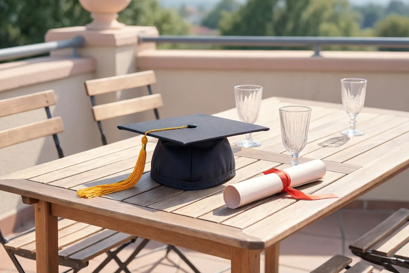 Een afstudeerhoed, een opgerold diploma en lege glazen staan op een houten terrastafel in fel zonlicht, met onscherp groen op de achtergrond.