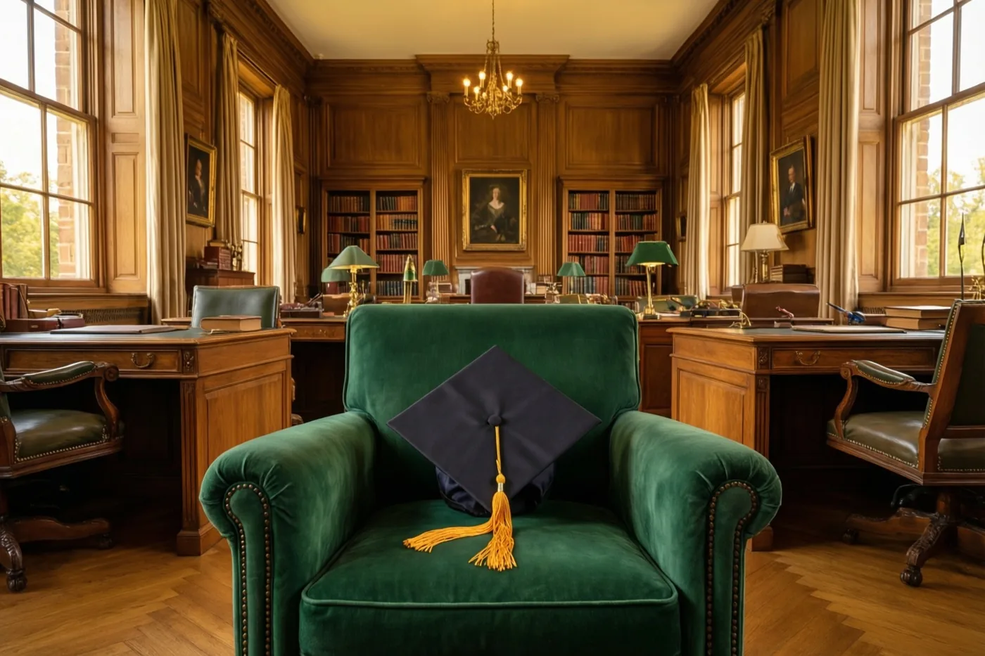 Een afstudeerhoed met een gele kwast ligt op een groene fluwelen fauteuil in een ruime studeerkamer met houten wandbekleding, sierlijke houten meubels, boekenkasten en grote ramen.