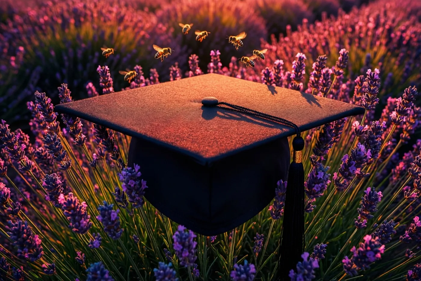 Een zwarte afstudeerhoed ligt in een veld bloeiende paarse lavendel met bijen erboven, in warm goudkleurig licht.