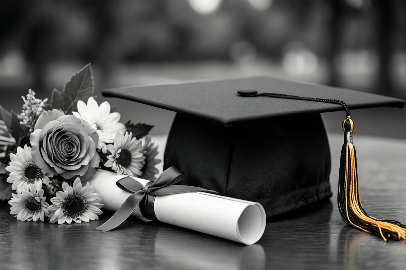 Een afstudeerhoed met een zwart-gouden kwastje en een opgerold diploma met een zwart lint liggen naast bloemen op een donker houten bureau, in zwart-wit met kleur op het kwastje.