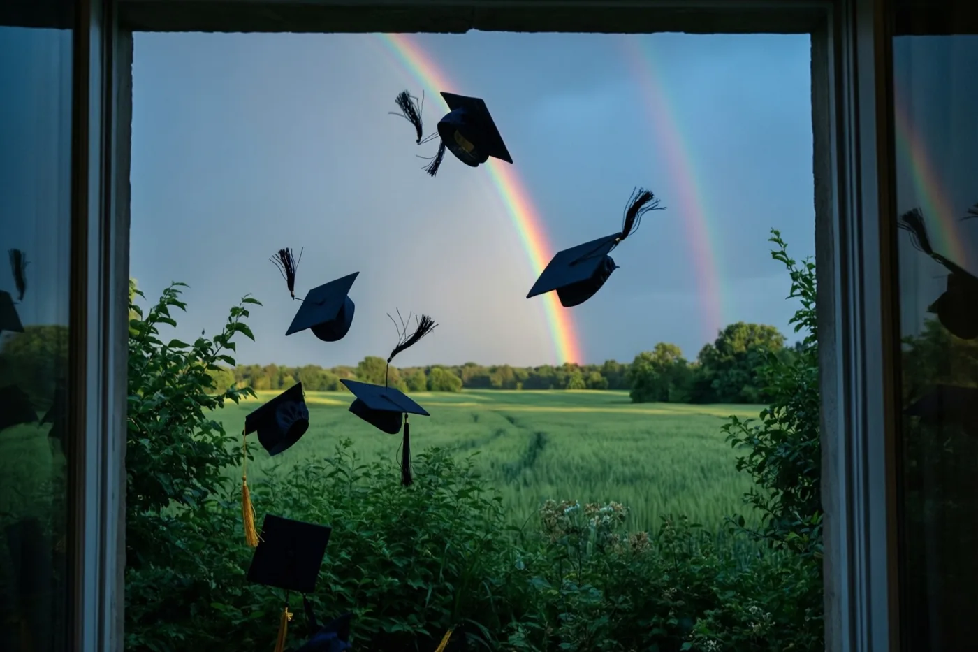 Door een raamkozijn zijn opgeworpen afstudeerhoeden te zien voor een regenboog boven groene velden.