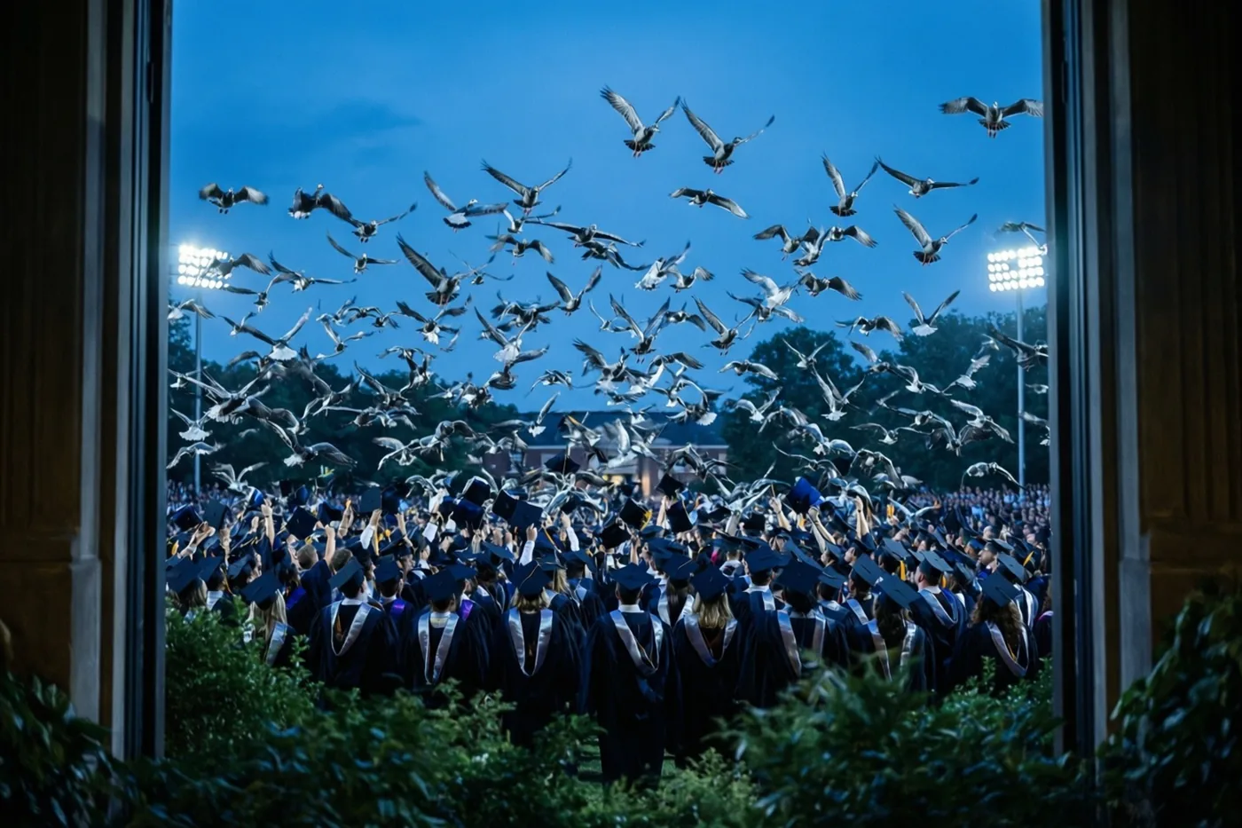 Door een open deuropening zijn afgestudeerden in zwarte toga's van achteren te zien terwijl ze hun hoeden opwerpen en vogels boven hen opvliegen tegen een schemerlucht.