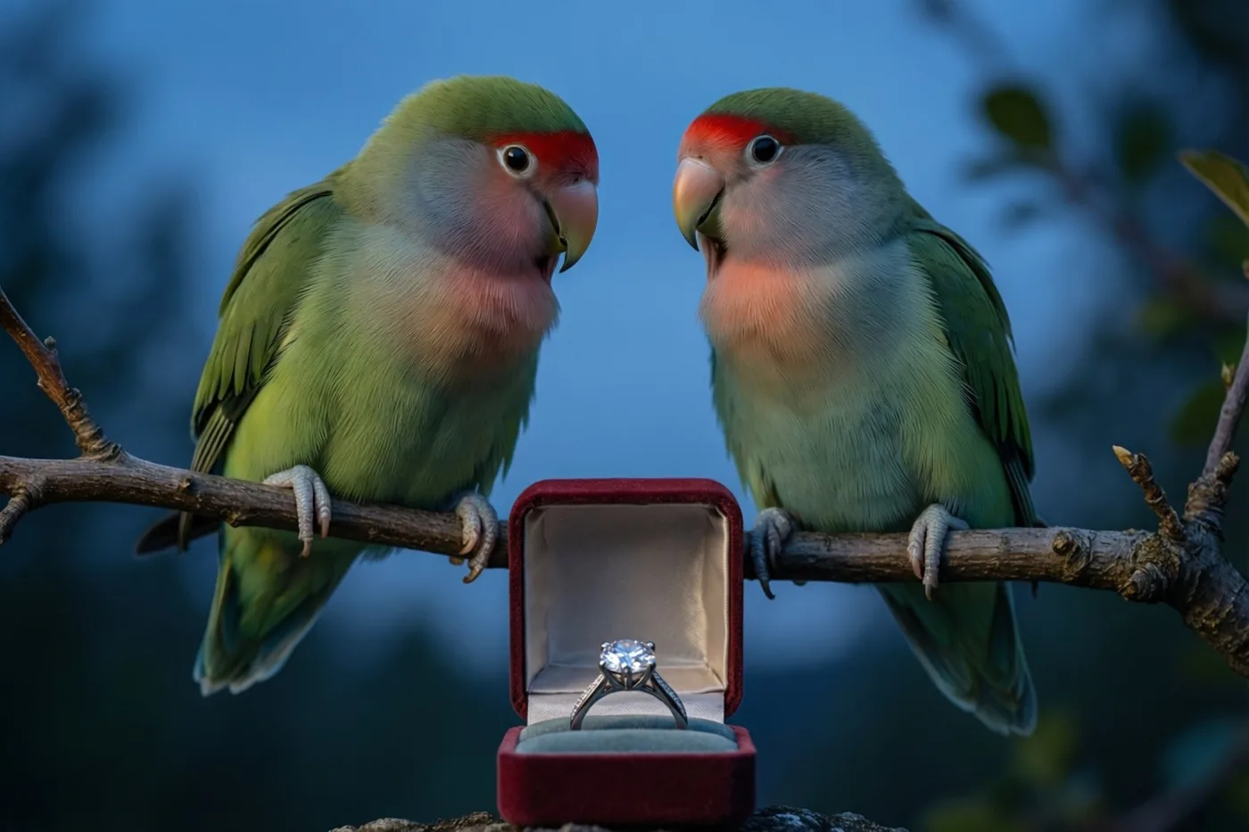 Twee groene agapornissen met rode voorhoofden zitten tegenover elkaar op een tak boven een open rood fluwelen doosje met een diamanten ring met één steen, tegen een blauwe schemerachtergrond.