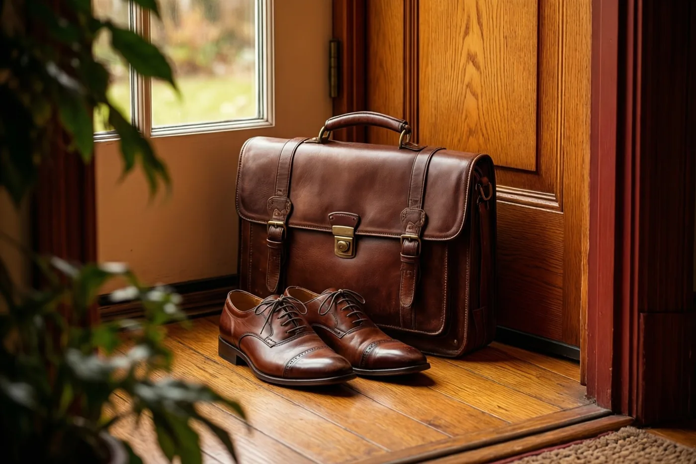 Een bruine leren aktetas en gepoetste bruine geklede schoenen staan op een houten vloer naast een houten deur, in warm daglicht van een raam.