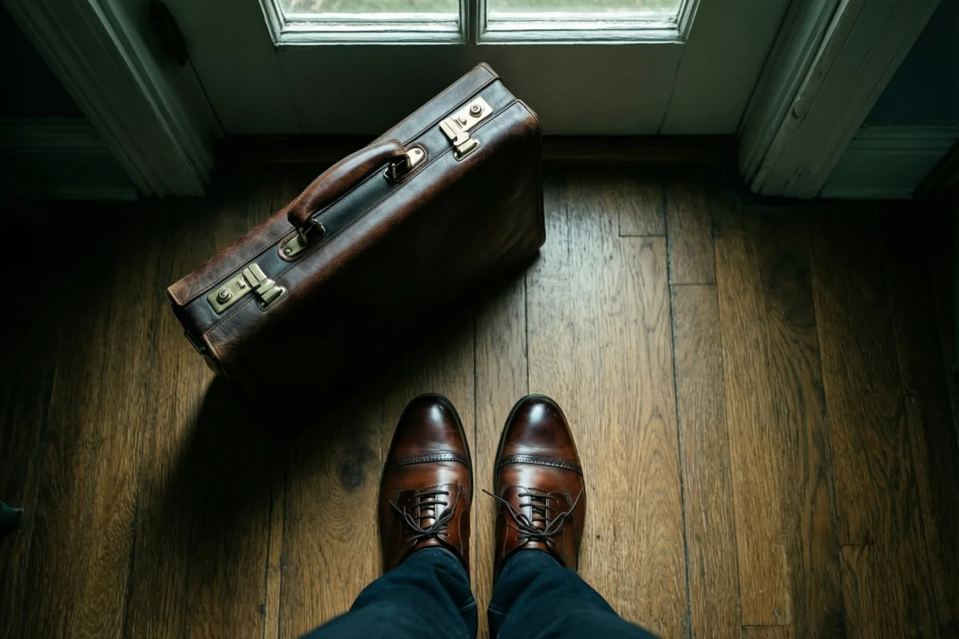Van bovenaf zijn een bruine leren aktetas en gepoetste bruine schoenen te zien op een houten vloer bij een deur, in warme tinten.