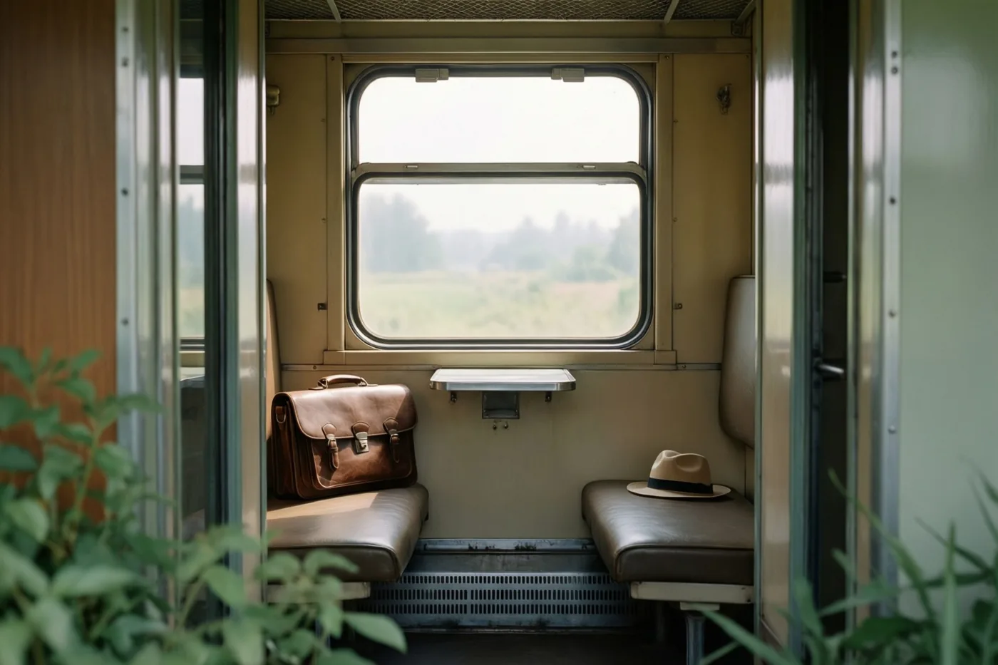 Een treincoupé uit de jaren zestig bevat een bruine leren aktetas en een strohoed op aangrenzende zitplaatsen, met zacht ochtendlicht en een wazig groen landschap bij het raam.
