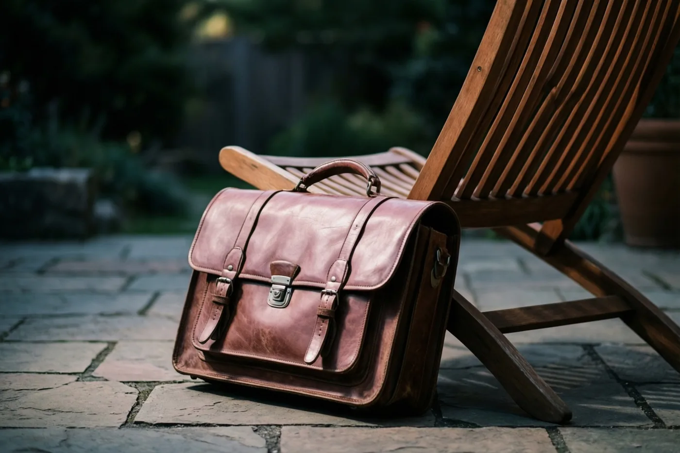 Een gesloten bruine leren aktetas staat op een stenen terras naast een teakhouten ligstoel, met een onscherpe groene tuin op de achtergrond.