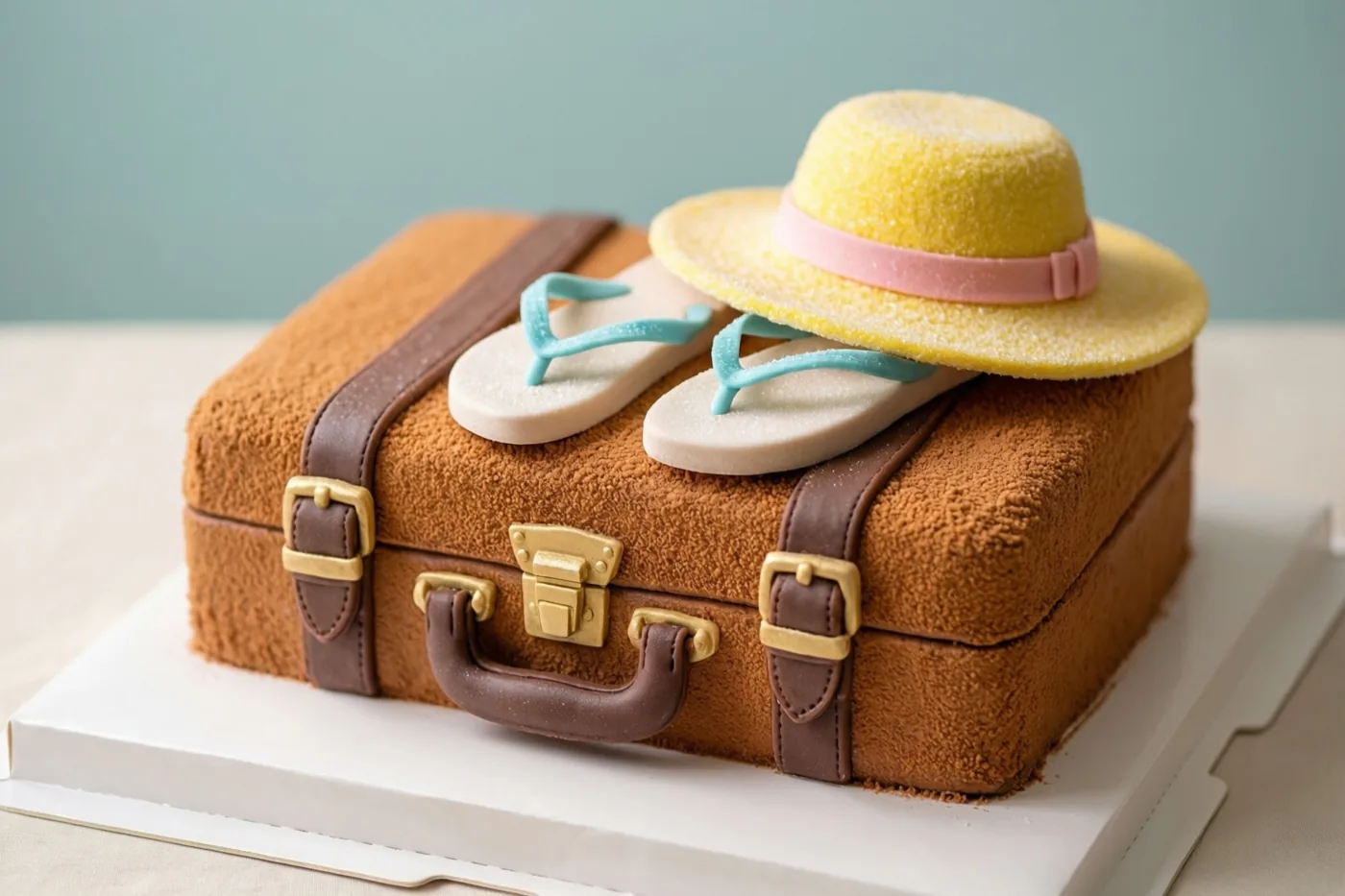 Een taart in de vorm van een gesloten bruine aktetas staat op een witte kartonnen onderlegger, met slippers en een zonnehoed van suiker bovenop tegen een lichtblauwe achtergrond.