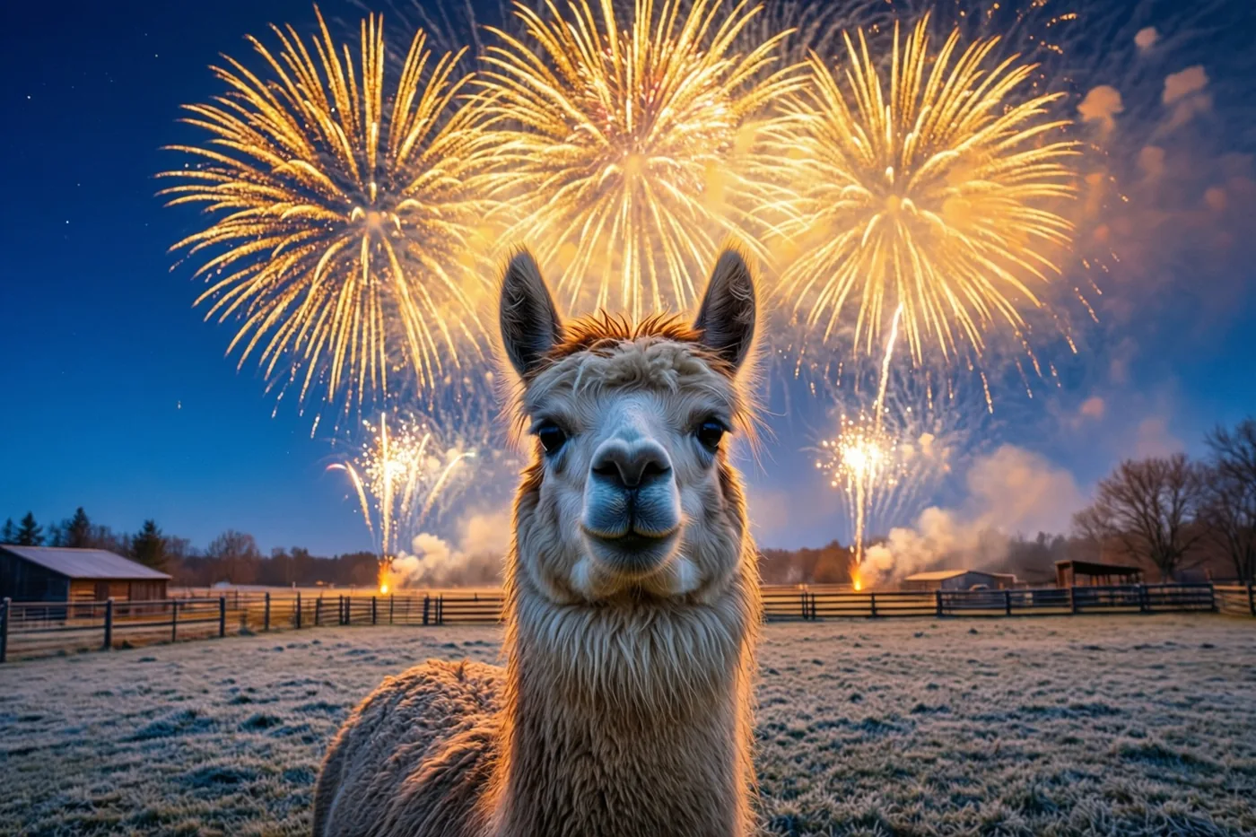 Een alpaca kijkt vanuit een berijpte omheinde wei omhoog naar goudkleurig vuurwerk, met boerderijgebouwen op de achtergrond onder een donkerblauwe hemel.