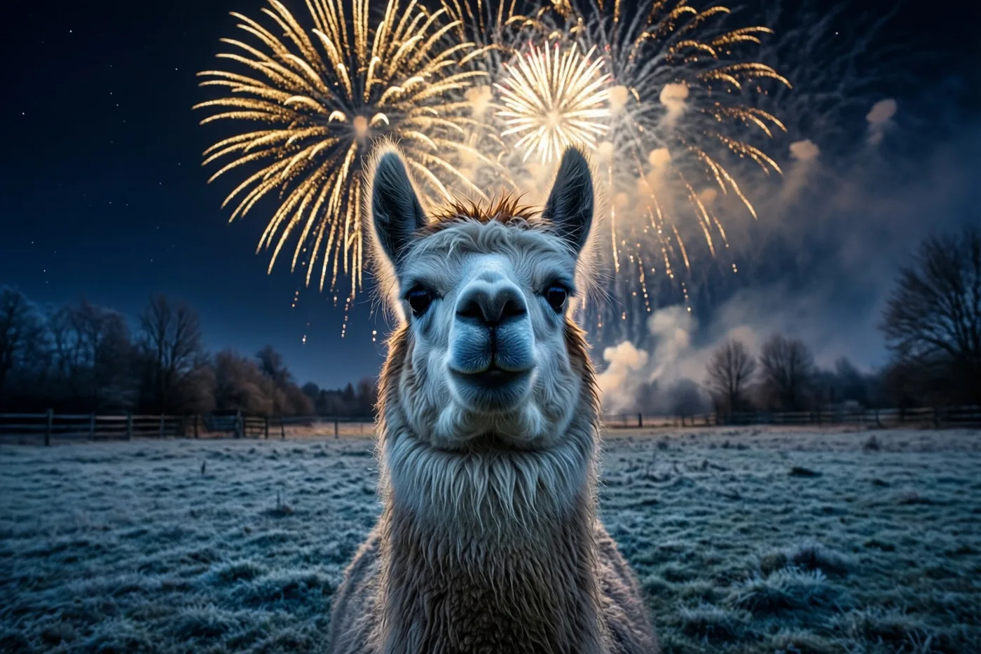 Een alpaca staat in een berijpte wei en kijkt omhoog naar goudkleurig vuurwerk, met kale bomen onder een donkerblauwe nachthemel.
