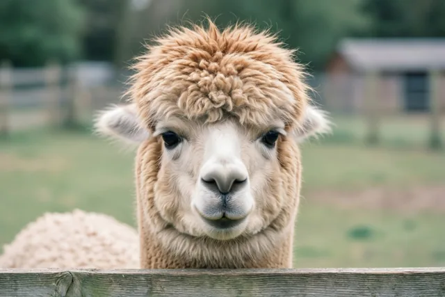 Een alpaca met een ronde, pluizige kuif als een pompon kijkt over een houten hek in een groene weide met een onscherpe achtergrond.