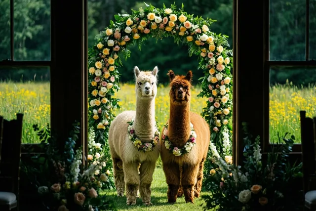 Alpaca's onder de huwelijksbloemen