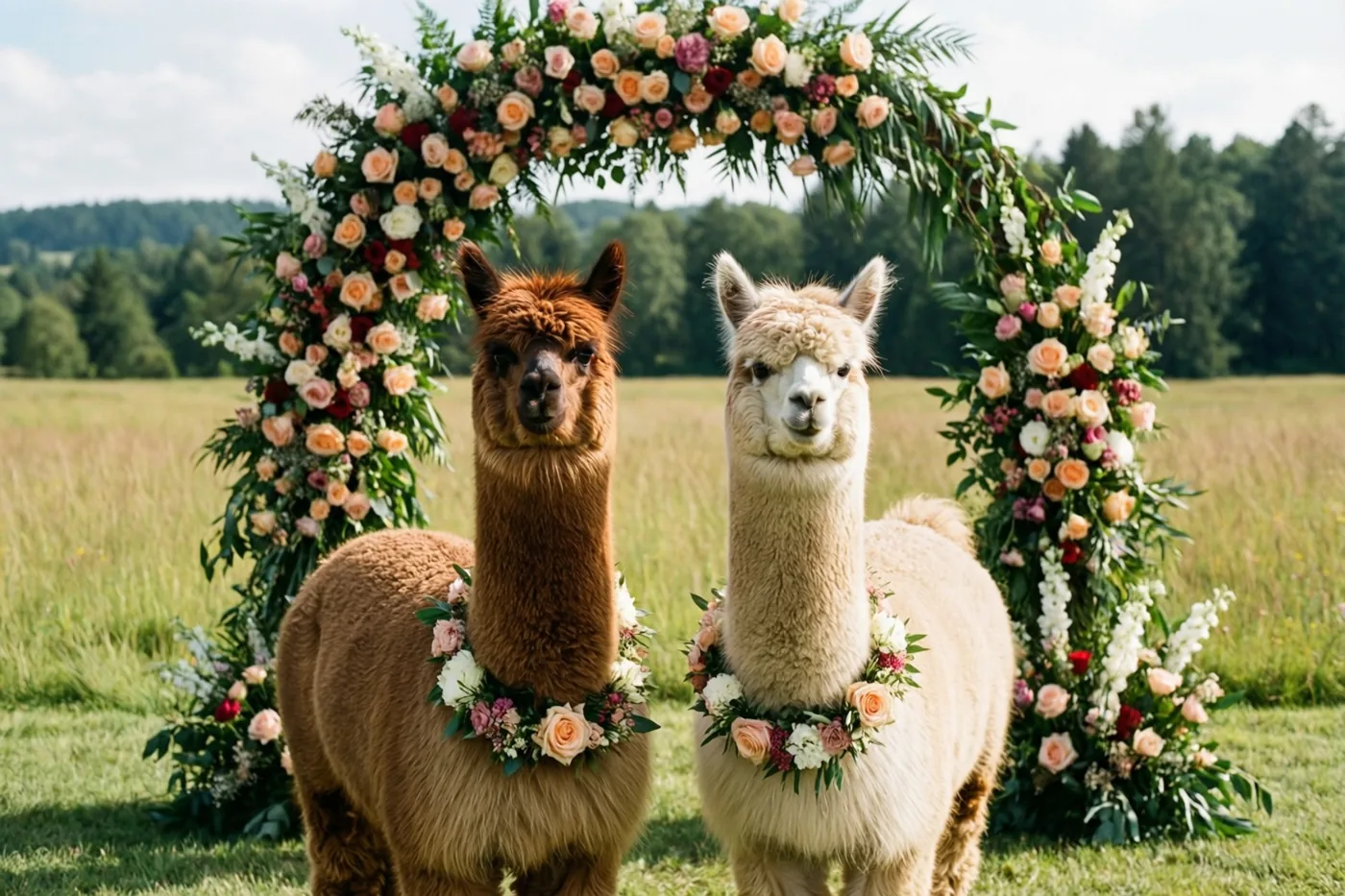 Een bruine en een crèmekleurige alpaca dragen bloemenslingers en staan naast elkaar voor een grote boog met rozen en groen, in een zonnige weide met bomen.