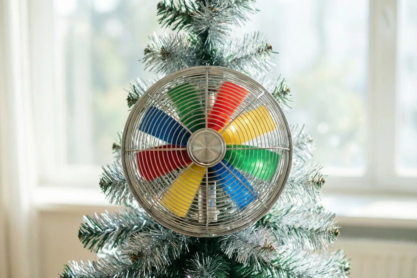 Een aluminium kerstboom in retrostijl met zilveren en groene takken en een draaiende kleurenradlamp bovenaan staat voor een helder raam.